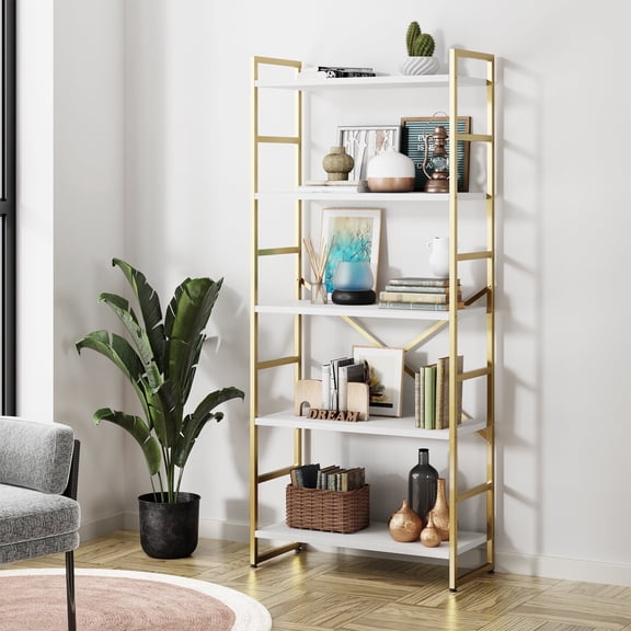 Walsunny Bookshelves Wooden Bookcases 5 Tiers H-Shaped Bookshelf with 5 Open Display Shelves Gold