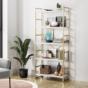 Walsunny Bookshelves Wooden Bookcases 5 Tiers H-Shaped Bookshelf with 5 Open Display Shelves Gold