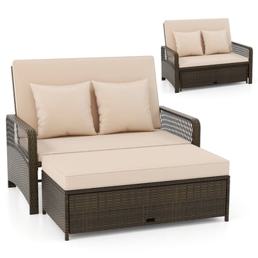 Gymax Causeuse de Patio en Rotin, Lit de Jour en Osier avec Ottoman Multifonction, Beige