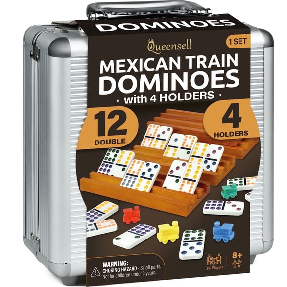 Mexican Train Dominoes Ensemble avec 4 Supports - Dominoes Double 12 avec Moyeu en Bois et Porte-Tuiles - Double 12 Dominos Set for Soirée Jeux Familiale pour Adultes et Enfants de 8 Ans et Plus (D12 + 4 Supports)
