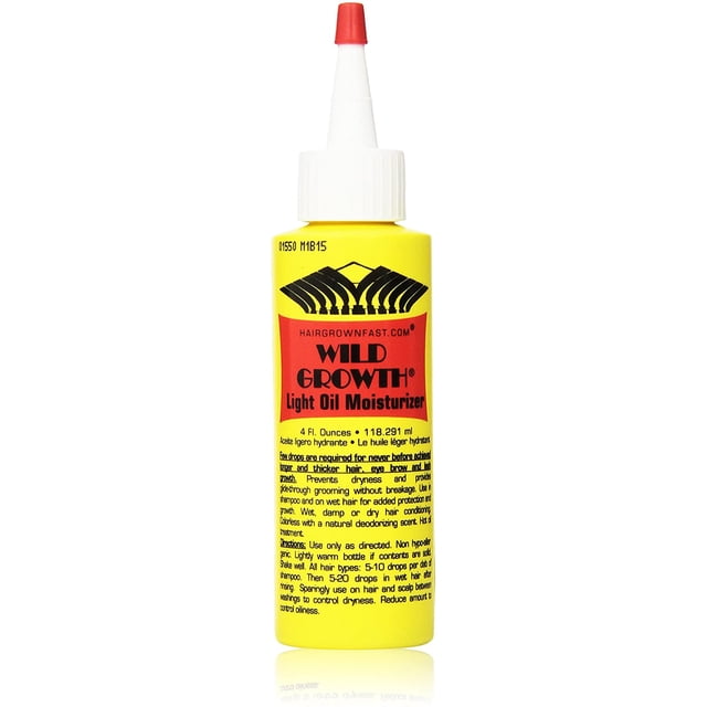 Wild Growth Light Oil Moisturizer in a 4oz yellow bottle with a red nozzle cap. The label features bold red and black text highlighting its benefits for hair growth, moisture retention, and breakage protection. Suitable for use on wet, damp, or dry hair, it offers scalp deodorization and conditioning. The product is colorless with a natural deodorizing scent and can be used as a hot oil treatment or added to shampoo for enhanced hair care.