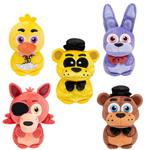 Five Nights at Freddy's Mini Ensemble de Peluches Comprenant Cinq Jouets en Peluche de 4 Pouces de Freddy, Bonnie, Chica, Foxy et Freddy Doré avec des Yeux Phosphorescents et des Accessoires signature comme des Nœuds Papillon et des Chapeaux, Disposés sur un Fond Blanc, Idéal pour les Collectionneurs et les fans.