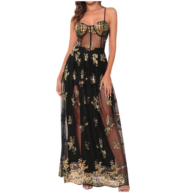 Pisexur Robes pour Femmes en Maille à Col Licou Robe de Bal de Fin d'Année Robe de Soirée Robe de Fête Mode Robes de Cocktail à Fleurs pour Femmes Sans Manches Fendue Robe Maxi Robe Portefeuille Formelle Fluide