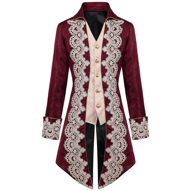 Penkiiy Manteau Queue-de-Pie pour Hommes Liquidation Hommes Patchwork Col Rabattu Manches Longues Cosplay Manteau Queue-de-Pie Bordeaux Manteau Queue-de-Pie