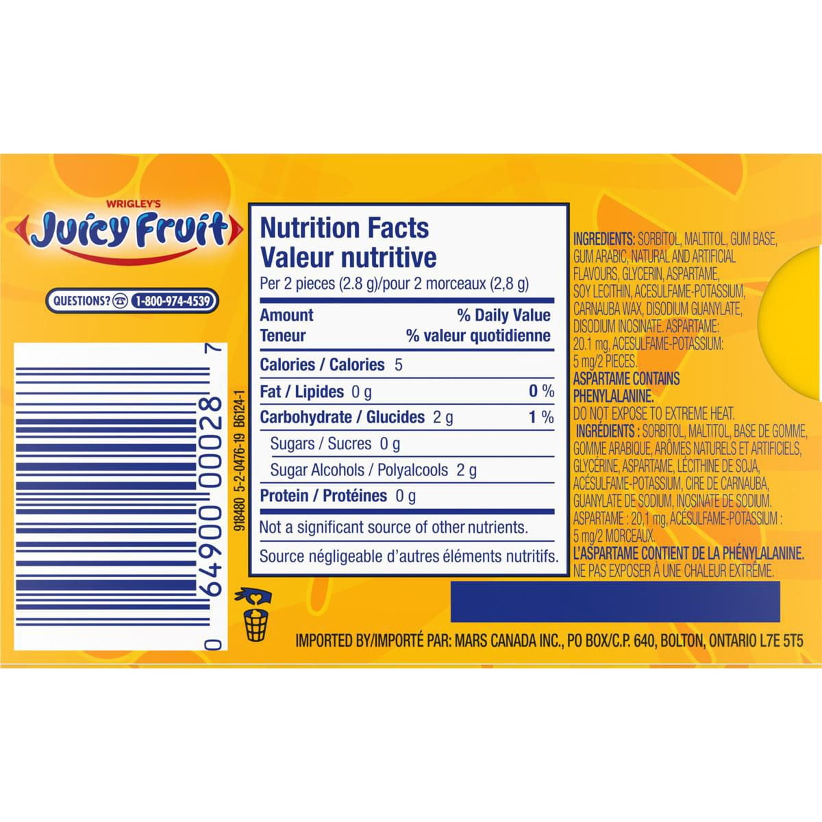 JUICY FRUIT, Fruits, gomme à mâcher, 12 morceaux, 1 emballage