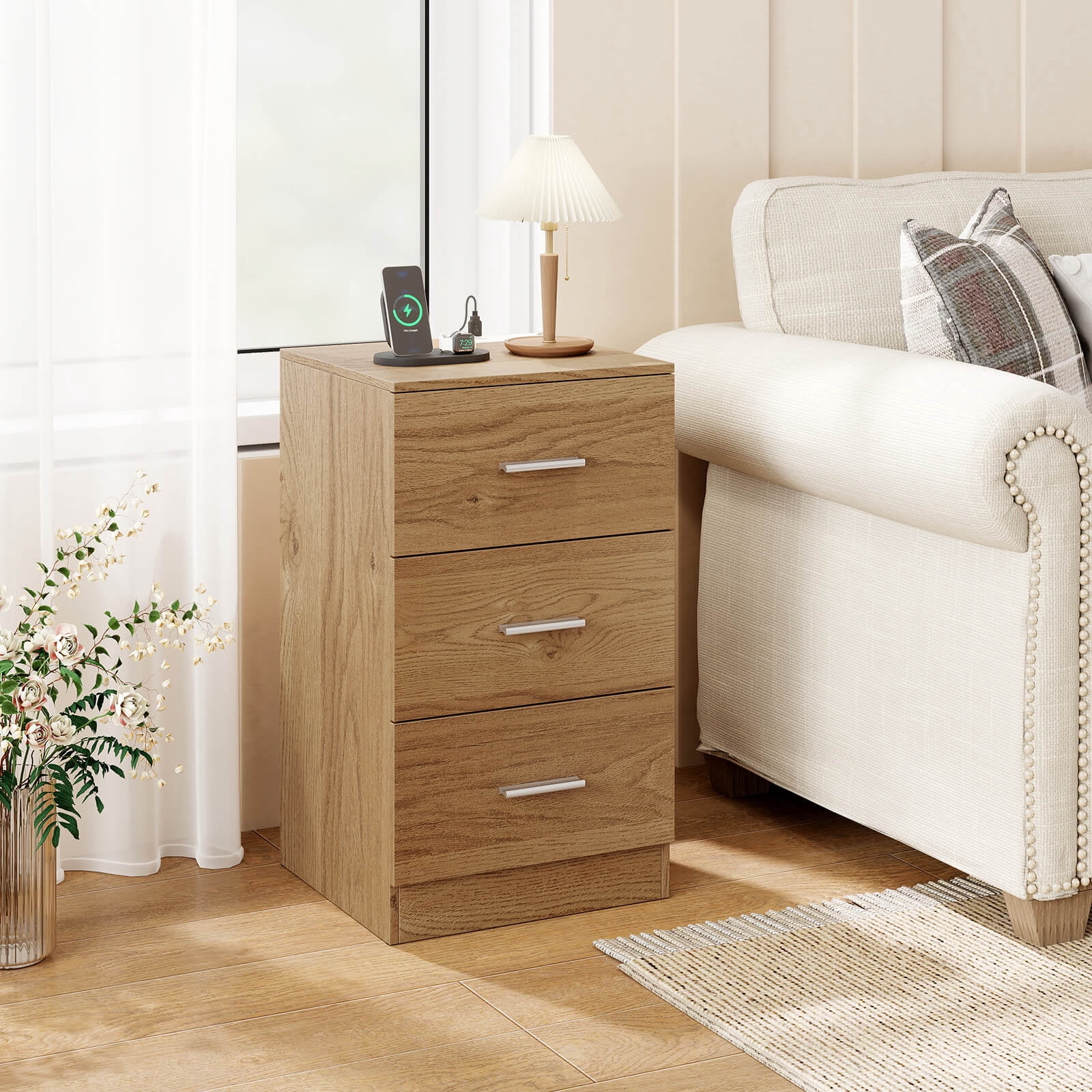 Costway 1 PCS Nightstand with Charging Station, 3 Storage Drawers, Bedside Table for Bedroom Natural