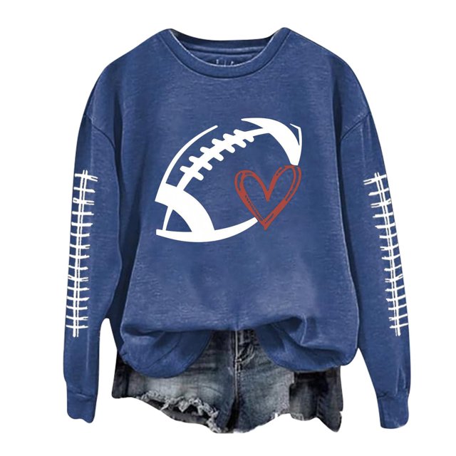 Aocisk Chandail à Capuche Léger à Manches Longues pour Femmes avec Imprimé Graphique de Football, Col Rond, Chandail à Manches Longues, Blouse Bleue TTG