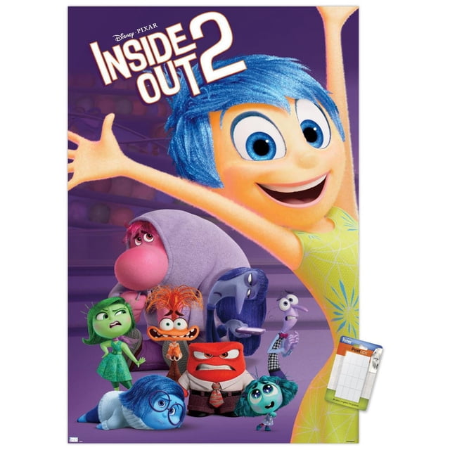 Disney Inside Out 2 - Group Wall Poster featuring animated characters from the movie including Joy with blue hair and yellow dress, Sadness in blue, Anger in red shirt and tie, Disgust in green, Fear in purple, and others on a purple background with the movie title at the top left.