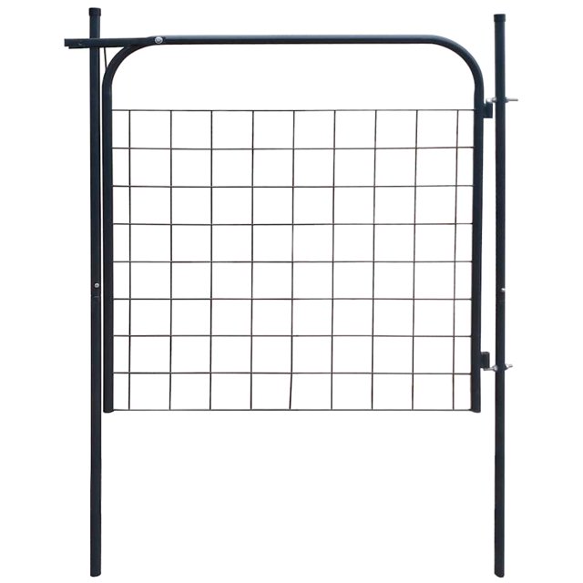 vidaXL Garden Fence Gate 100x100 cm in anthracite color, made of durable and corrosion-resistant galvanized steel. The gate features a grid panel design with a height of 100 cm and a distance of 100 cm between the side posts, measured from the center. The post height is 150 cm, making it suitable for securing gardens, patios, or business properties.