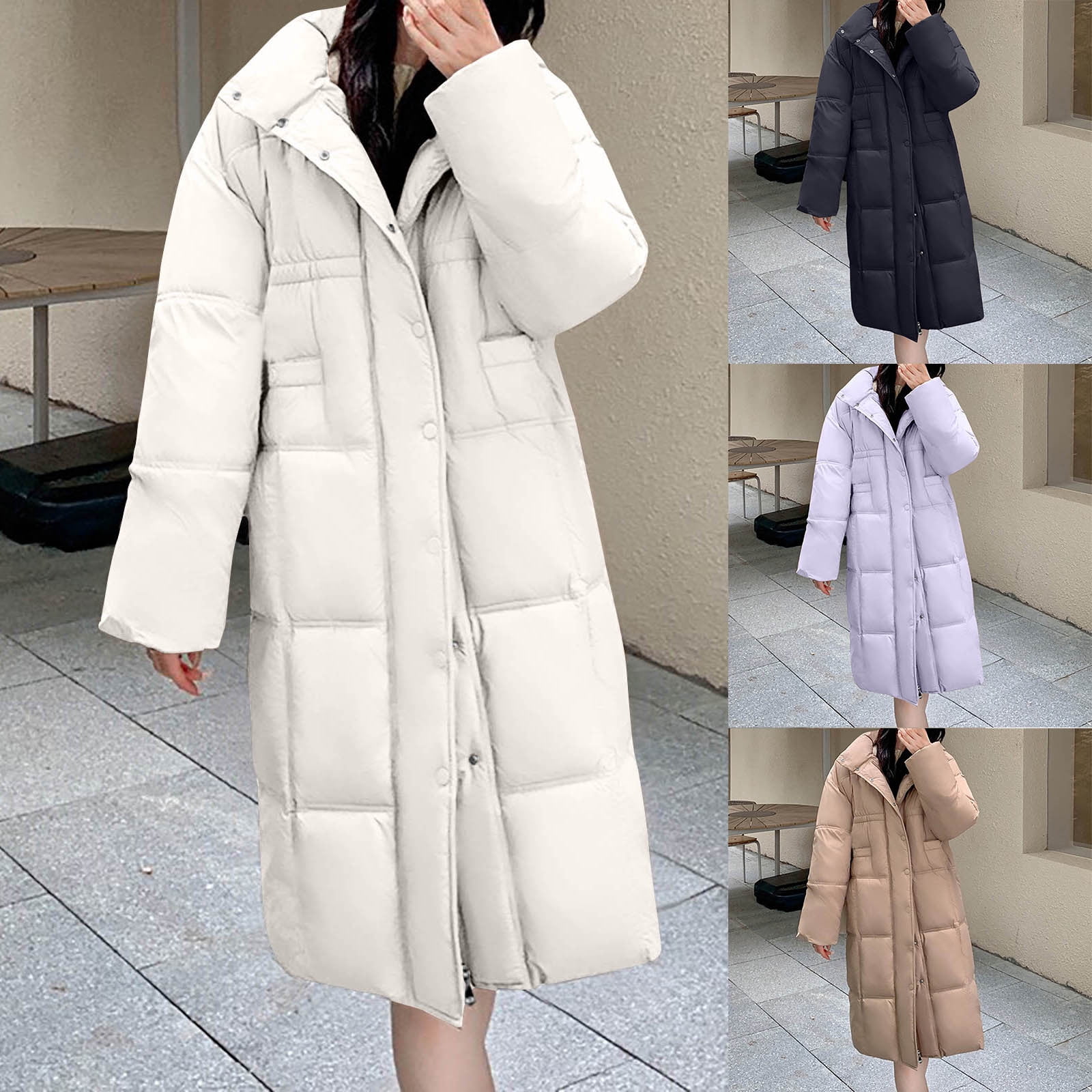EGNMCR Womens Long Puffer Coat, Long Sleeve Padded Winter Down Coats, Hooded Parka Jacket Women's Fashion Loose Long Sleeve Cotton-Padded Jacket Long Frock Coat Women Coat