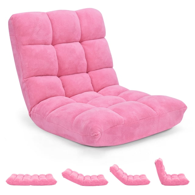 Giantex Chaise de Jeu de Sol Réglable en Rose, Dotée d'Une Housse en Velours Corail Doux et d'Un Rembourrage en Éponge à Haute Densité pour le Confort. Cette Chaise de Méditation Sans Accoudoirs Offre 14 positions de Dossier Réglables, Allant de la position Verticale à la position Entièrement Plate, pour un Usage Polyvalent comme le Jeu, la Lecture Ou la Sieste. le Cadre Métallique Robuste et le Dessous Antidérapant Assurent la Stabilité, Son design Pliable-Plat Permet un Rangement Facile. les Dimensions en position Assise Sont 26.5 x 22.5 x 22 Pouces, et en position Entièrement Plate Sont 41