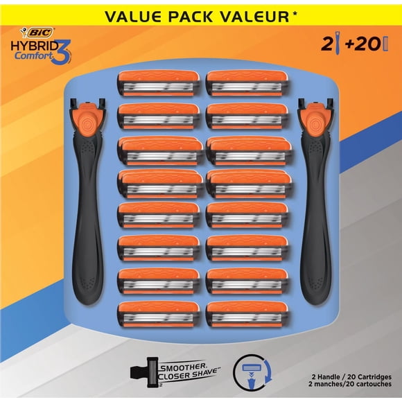 BIC Comfort 3 Hybrid Rasoir Jetable Rechargeable pour Hommes, Lames de Rasoir à 3 Lames, 2 Manches et 20 Cartouches, pour un Rasage Confortable