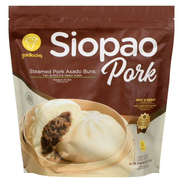 Goldilocks Steamed Pork Buns Siopao package featuring four soft white steamed buns filled with barbecued pork, displayed in a bamboo steamer basket, fully cooked and microwaveable, suitable as a frozen meal or convenient on-the-go snack.