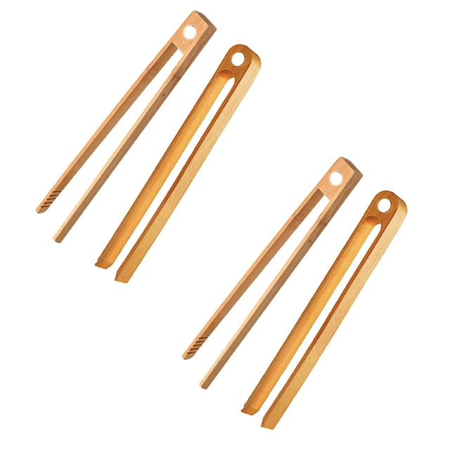 Oleegame 2PC Stainless Steel Cutlery Set 2 Pieces Toaster Tongs 8.7 Inch Wooden Kitchen Tongs For Cooking Natural Kitchen Utensils Yellow