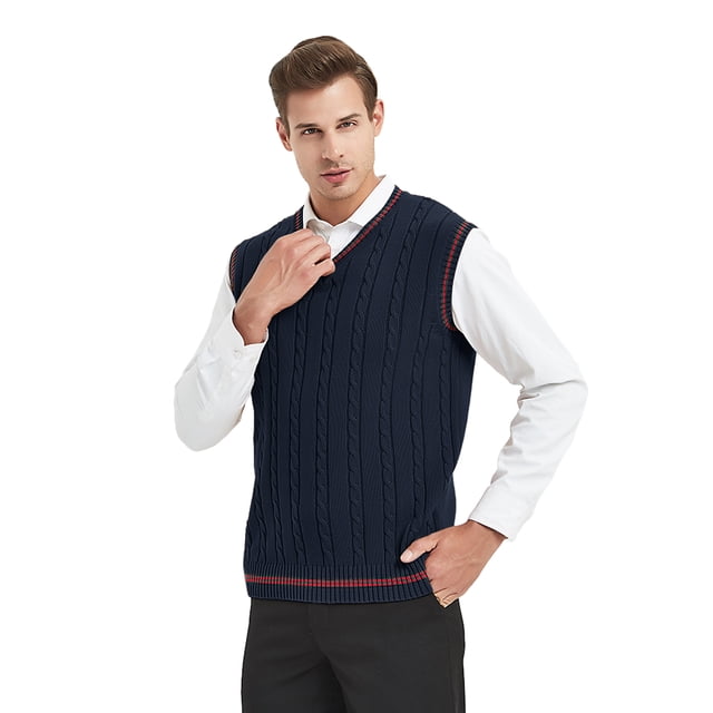 TOPTIE Men's 100% Cotton Knit Sweater Vest, V Neck Cable Pattern
