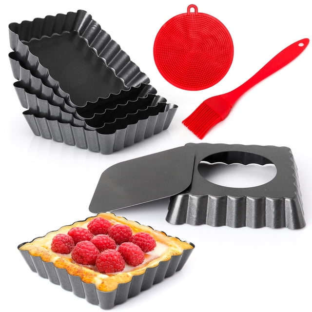 Mini Tart Pans Square 4 Inch 6Pcs with Removable Bottom, Nonstick Quiche Pan Mini Pie Pans with Oil Brush&Silicone Scrubber, Tart Pan with Fluted Side, Quiche Bakeware for Oven