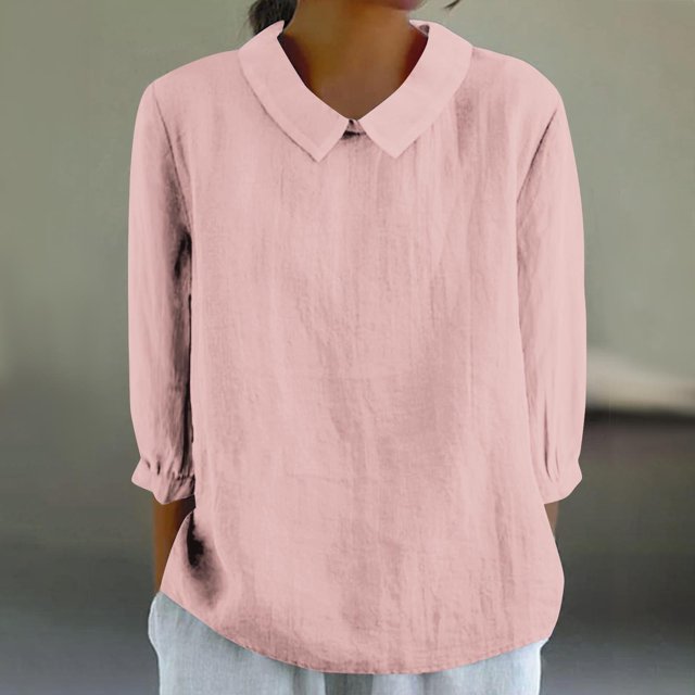 AherBiu Chemises en Lin pour Femmes Manches 3/4 Col à Revers Style Rétro Hauts Décontractés Amples Mode Automne 2024 Blouses