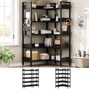 5-Tier Corner Bookshelf, Convertible l-Shaped Bookcase with Industrial Metal Frame, Multi-Functional Storage Shelf for Living Room