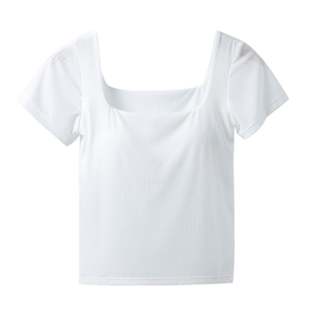 Plebaso Womens Square Neck T Shirts Built-In Bra Casual Going out Crop Tee Slim Plain Summer Basic Tops
