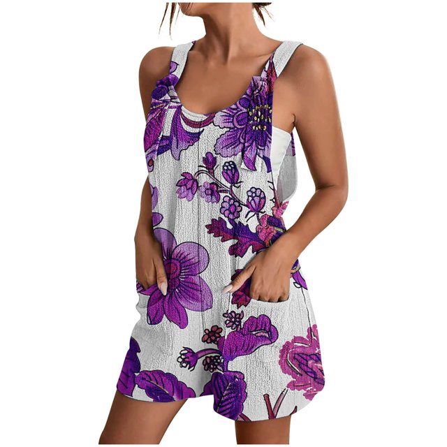 Pisexur Combinaison Décontractée Plus de Taille Femmes Summer Floral Sans Manches Moulante Sangle Spaghetti Réglable Extensible Shorts une Pièce avec Poches S-3XL