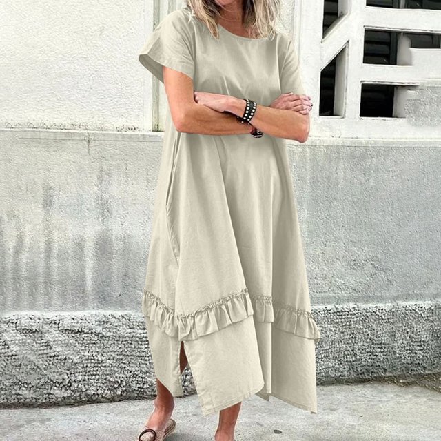 Ovzne Robes pour Femmes Robe d'Été Robe d'Été pour Femmes à Manches Courtes Imitation Coton et Lin Col Rond Couleur Unie Poches Ourlet Fente Robe Grande Taille Robe Courte Liquidation