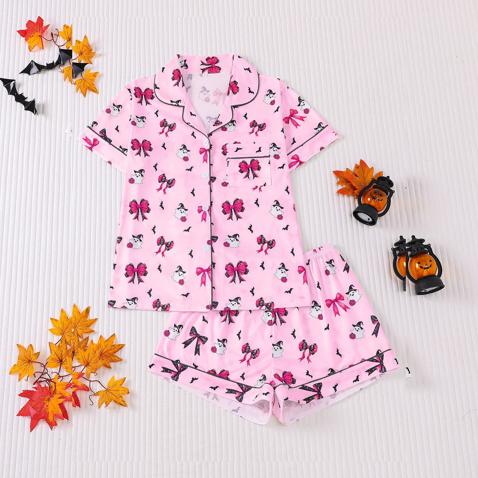 Wanpidan Women's Pajama Sets - Halloween Printed Loungewear With Notch Collar Short Sleeve Shirt And Shorts For Relaxation And Comfort