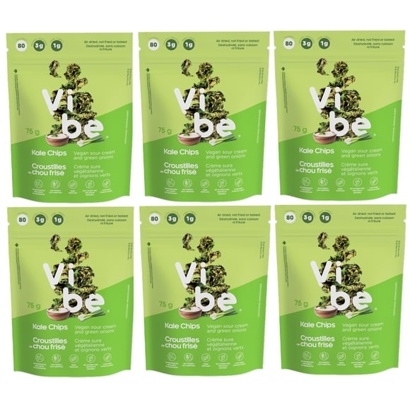 Vibe Kale Chips - Air Dried Gluten-Free Nut-Free Vegan Healthy Snacks - Sour Cream and Green Onions, 75g Each - Pack of 6