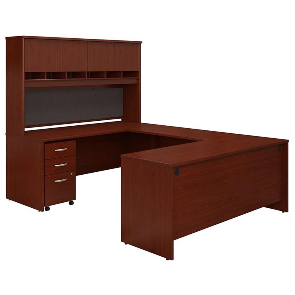 Pemberly Row 72"W U-Shaped Desk with Hutch and Storage in Mahogany