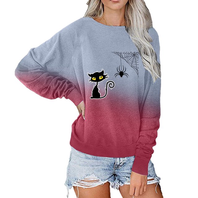 Nouveaux Hauts pour Femmes 2023 en Solde Mode Dames Halloween Drôle Imprimé Araignée Dégradé Couleur Chandail en Molleton Col Rond Manches Longues Costumes d'Halloween pour Femmes