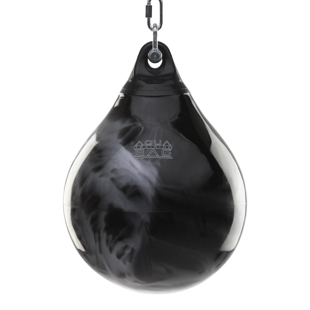 Sac d'Entraînement ATB de 18 Pouces, 120 Lb - Haymaker Black, un Sac de Frappe Rempli d'Eau en Forme de Goutte avec Fini Vinyle Noir Lustré et logo Aqua Training Bag, Suspendu à une Manchette Métallique sur Fond Blanc, Idéal pour la Boxe, le MMA et l'Entraînement de Mise en Forme.