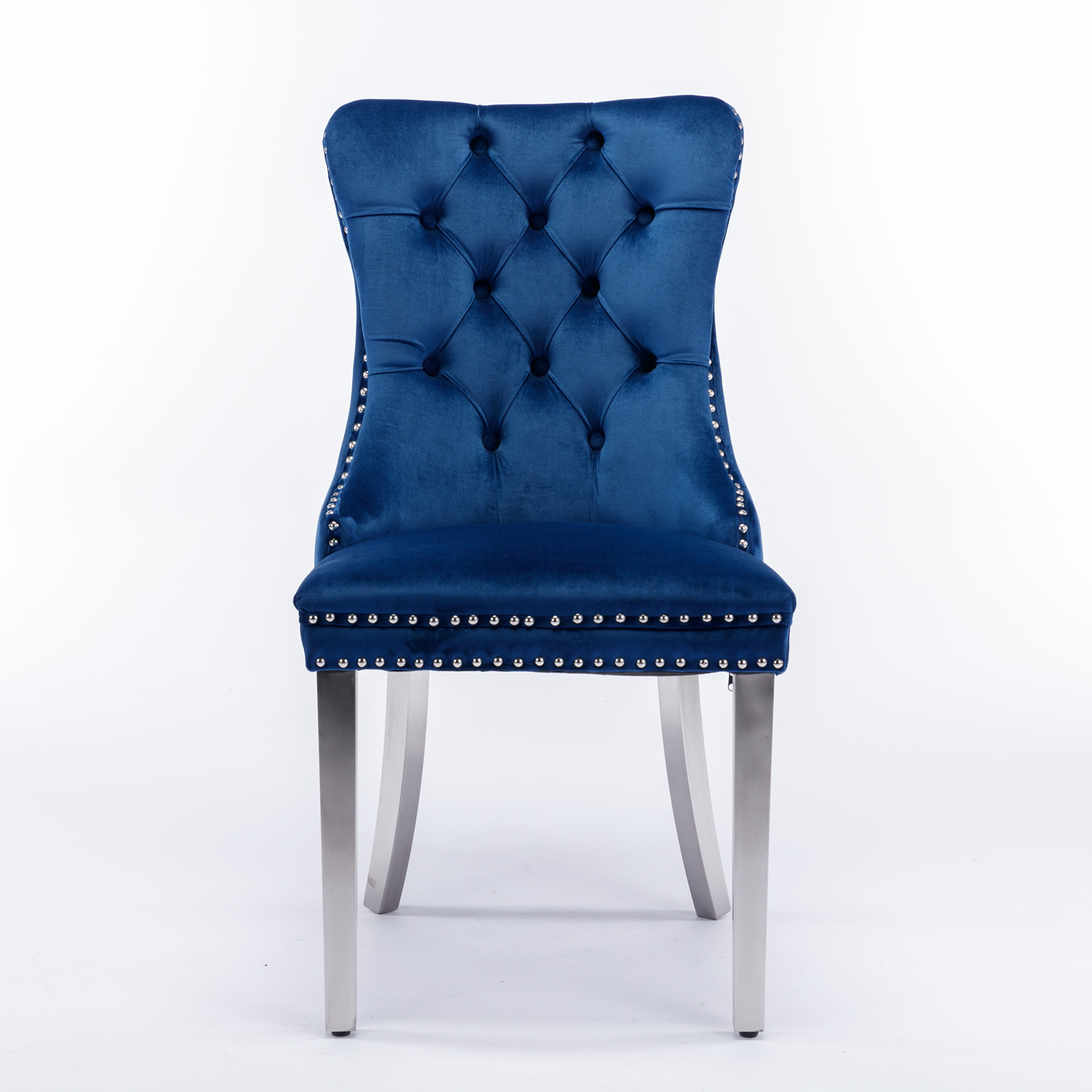 Noble House Velvet Upholstered Dining Chair Set of 2,Tufted with Siller Plated Legs & Nailhead Trim,Blue + Chrome