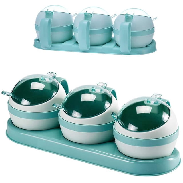 Boîte à Épices, Support à Épices Pots à Condiments, Conteneur de Rangement, 3 Pcs PS Cruet avec Couvercle et Cuillère Blue3