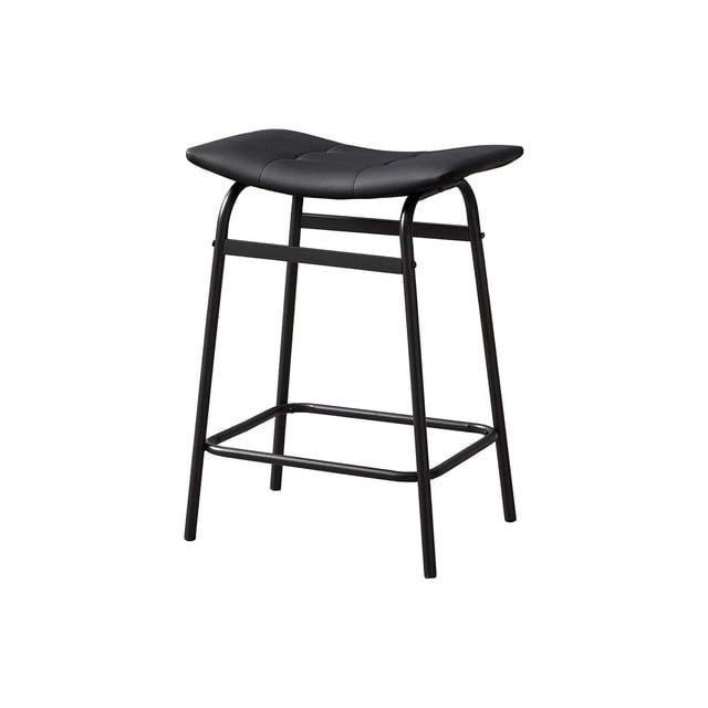 Monarch Specialties Barstool, Counter Height, Set Of 2, featuring padded black leather look saddle seats and sturdy black metal legs with built-in footrests, designed for contemporary kitchen and dining seating and suitable as counter stools for home bars.