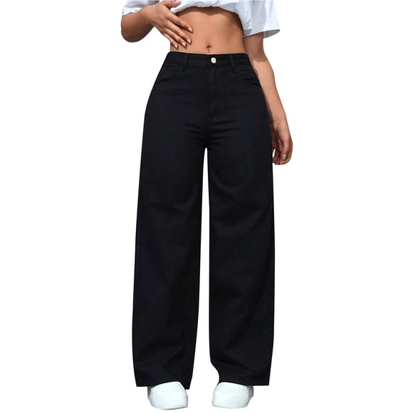 Pisexur Jeans for Women Straight Leg Jeans for Women High Waisted Jeans Frayed Baggy Pants Raw Hem Loose Stretchy Cropped Wide Leg Jeans Black,M