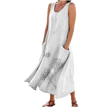 RKSTN Robes d'Été pour Femmes Décontractées en Coton et Lin à Col Rond Sans Manches Robes de Plage Amples Grande Taille à Imprimé Floral Évasées Maxi