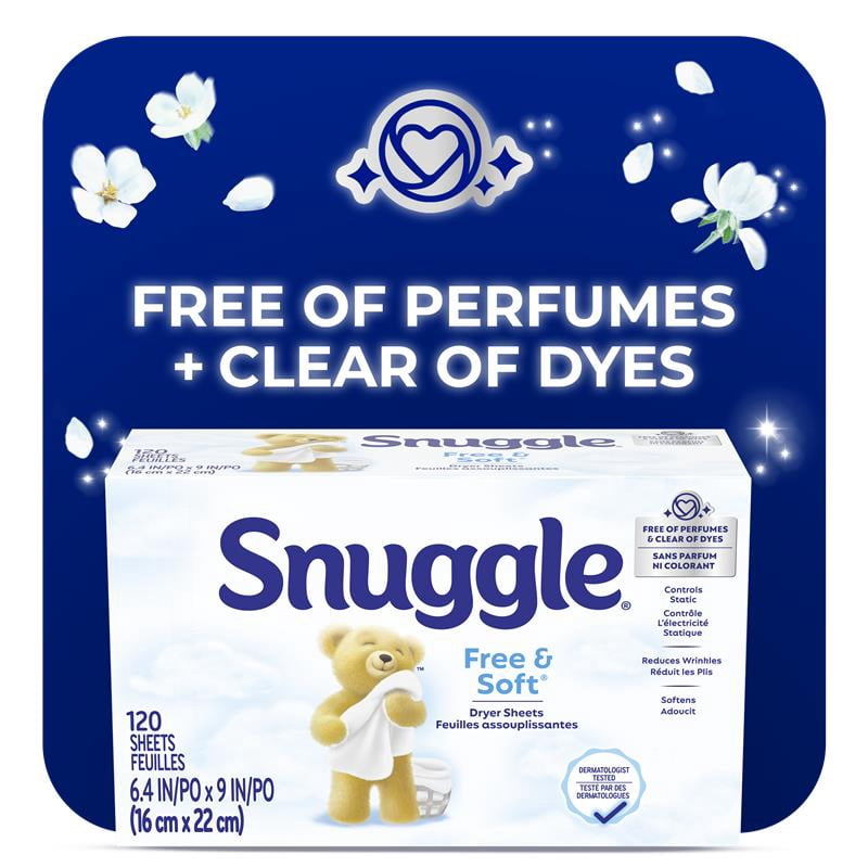Snuggle Free and Soft Hypoallergenic Dryer Sheets, Free of Perfumes and Clear of Dyes, Dermatologist Tested, Controls Static, Reduces Wrinkles, 120ct, HE Compatible