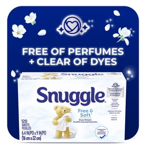Snuggle Feuilles de séchoir hypoallergéniques libres et douces, sans parfums et sans colorants, dermatologue testé, contrôles statiques, réduit les rides, 120ct, HE Compatible