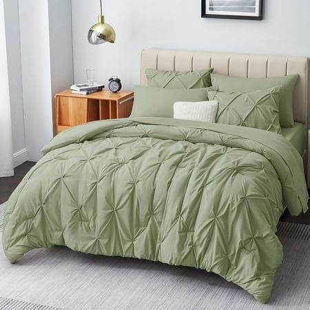 CozyLux Full Size Comforter Sets - 7 Pieces Comforters Full Size Sage Green, Grey Pintuck Bed in A Bag Pinch Pleat Bedding Sets with Comforter, Flat Sheet, Fitted Sheet and Pillowcases & Sha