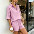 thumbnail image 4 of Cutuo Two Piece Sets for Women Summer Matching Sets, Solid Color Collared V Neck Short Sleeve Button Down Shirt Top and Drawstring Waist Shorts Casual Outfits, 4 of 9
