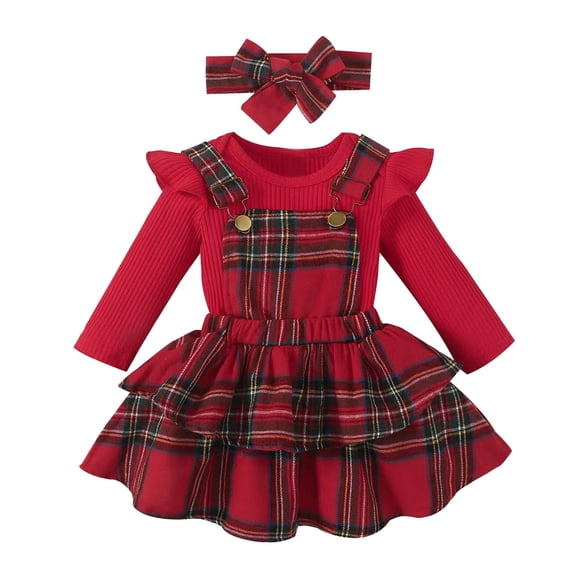 Splozh Toddler Clothes Baby Girl Christmas Clothes Plaid Outfits Long Sleeve Romper Overall Skirt Dress Cute Outfit Red,6-12 Months