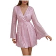 thumbnail image 2 of Uppada Robe de Cocktail pour Femmes avec Paillettes Robe de Fête Décolleté en V Profond Robe à Manches Longues Ourlet Fluide Robe Portefeuille Robe Trapèze Alin Liquidation en Liquidation, 2 of 7
