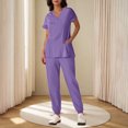 thumbnail image 2 of Yanlir Womens Button Down Solid Color Short Sleeve V Neck Blouse and Foot Binding Pants Set Fashion Two Piece Outfit(Purple,M), 2 of 6