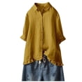 thumbnail image 2 of BVOFAR Women's Cotton Linen Button Down Shirts Summer Solid Color Blouses Trendy Casual 3/4 Sleeve Tops Ruffle Hem Plus Size T-Shirts, 2 of 6