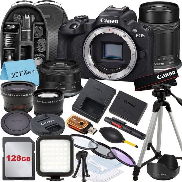 Canon EOS R50 Appareil Photo Sans Miroir avec Objectif RF-S 18-45mm, 55-210mm, Mémoire 128 Go, Trépied, Sac à Dos et Ensemble ZeeTech