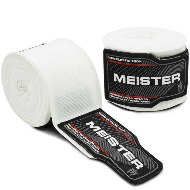 Meister Adult 180" Semi-Elastic Hand Wraps for MMA & Boxing in white, featuring a premium cotton/spandex blend for comfort and support. The wraps include a comfort thumb loop and oversized hook & loop closure for a secure fit. Designed for wrist and knuckle protection during training, these wraps are ideal for use inside boxing or MMA gloves or for light target striking.