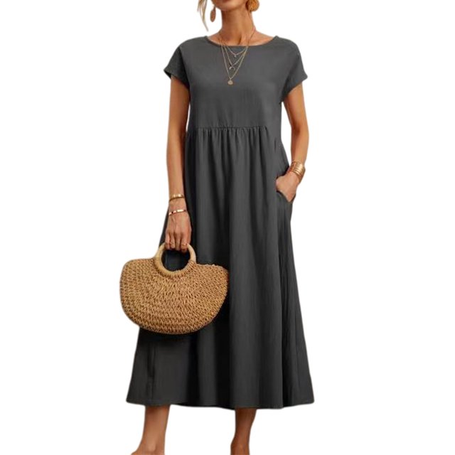 Innerwin Robes à Col Rond Robe pour Femme Plage Couleur Unie Robe Ample en Gris Foncé, Taille 2TG. Cette Robe Maxi-Longue Présente un Col Rond, des Manches Courtes et une silhouette Ample et Fluide avec des Poches. Fabriquée avec un Mélange Léger de 65 % Coton et 35 % polyester, Elle Est Douce et Respirante, Idéale pour un Style Décontracté, à la Plage Ou en Vacances. le Modèle l'Agence avec un Sac à Main Tissé et un Bijou minimal pour un Style Décontracté et Stylé.