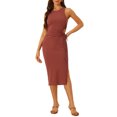 thumbnail image 2 of INSPIRE CHIC Robe à Découpes pour Femme, Tricot Côtelé, Col Rond, Fente Latérale, Débardeur, Sans Manches, Maxi, TG, Rouge Brique, 2 of 6