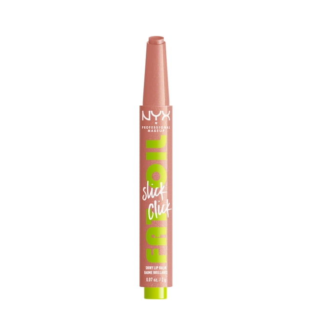 NYX Professional Makeup Fat Oil Slick Click Lip Balm in a Stick in Raspberry Pink, a slim retractable lip balm with a shimmery pink tube and lime green text, providing 12-hour hydration with nourishing oils and a non-sticky, high-shine finish for everyday lip care.