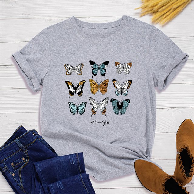 SMihono Hauts pour Femmes Été Décontracté Mode Féminine Décontracté Ample Imprimé Papillon Col Rond T-Shirt Grande Taille