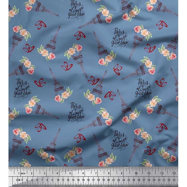 Soimoi Velvet Fabric Text,Floral & Eiffel Tower Architectural Decor Fabric Printed Yard 58 Inch Wide